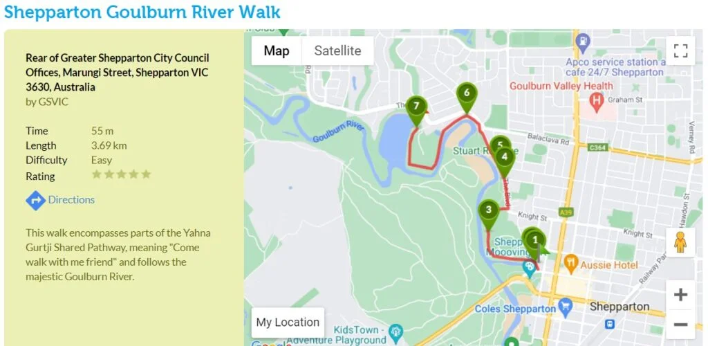 A screenshot of the Shepparton Goulburn River Walk plotted on a map, from walkingmaps.com.au.