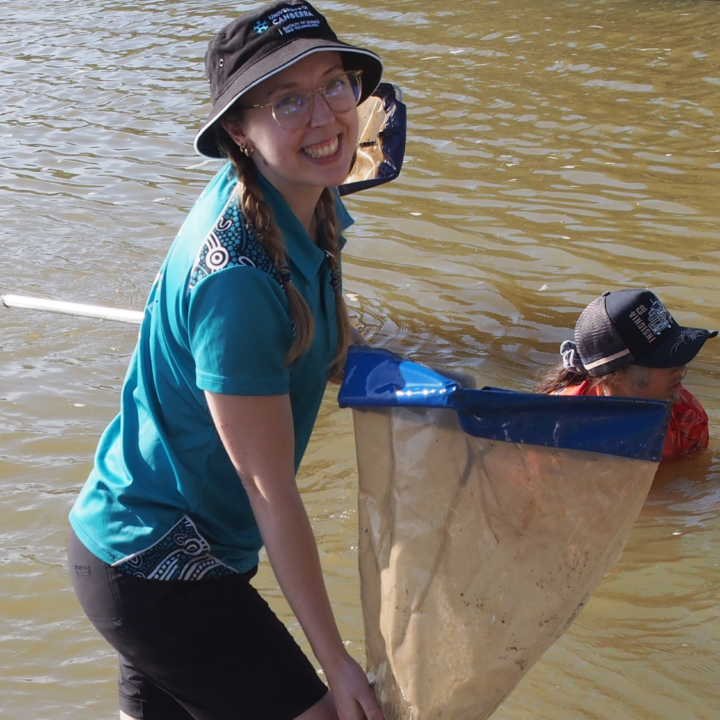 Alana from the University of Canberra sweeping for macroinvertebrates (water bugs) in Lake Cargelligo.