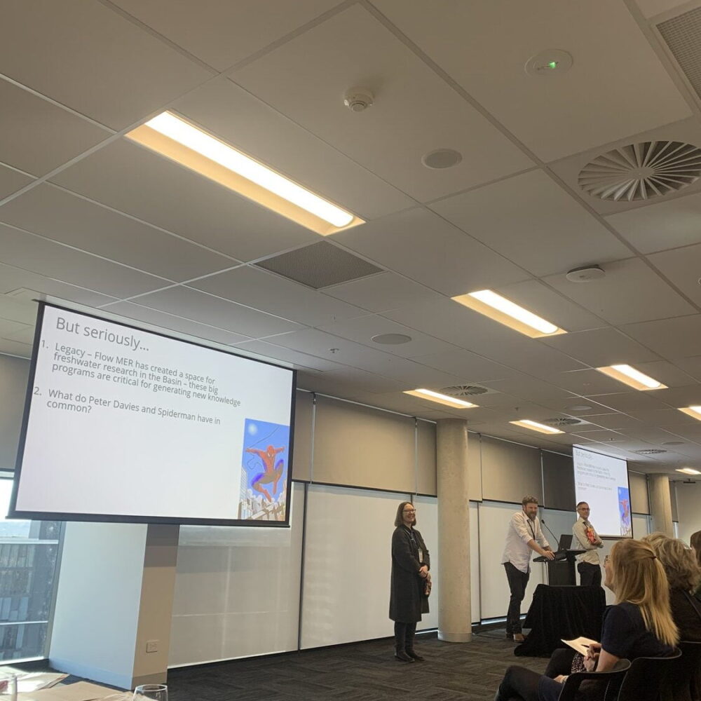 Speaker: Dr Paul McInerney, CSIRO (centre), leads a reflection session, with Dr Sally Hladyz, Arthur Rylah Institute, (left) and Dr Andrew Sharpe Victorian Environmental Water Holder (right) as volunteer participants in the exercise.