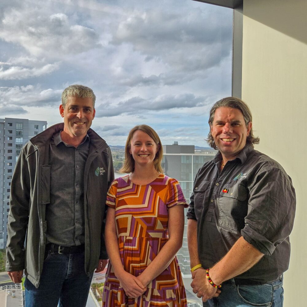 Knowledge Exchange Team (L-R): Mike Stewardson (CEO, One Basin CRC), Amanda Shipp (Project Manager, Alluvium), Geoff Reid (First Nations Engagement Lead). Credit, One Basin CRC